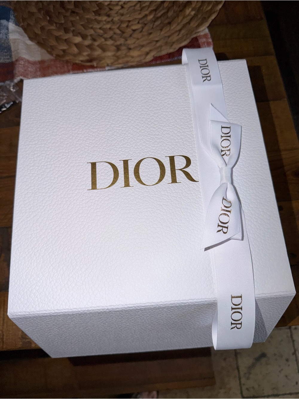 Dior White Gift Box with Gold Logo and White Ribbon